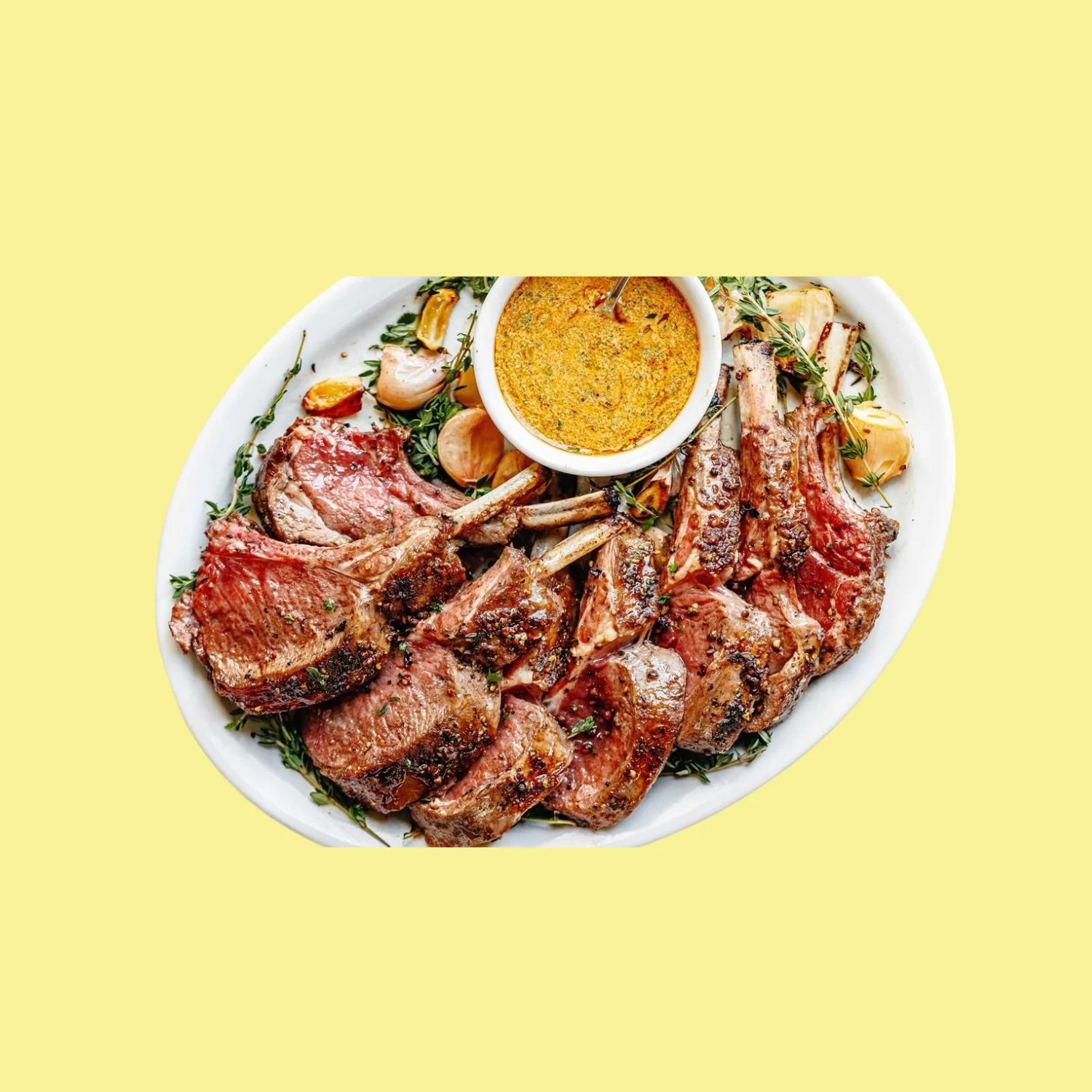 Un plat de côtes d'agneau grillées, ail rôti et herbes, avec un bol de sauce, sur fond jaune