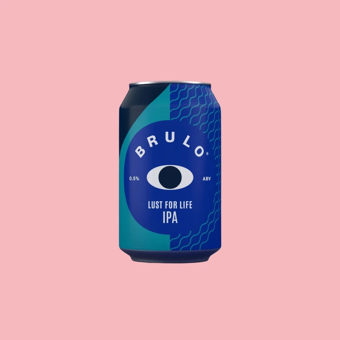 Canette de bière sans alcool Brulo Lust for Life sur fond rose
